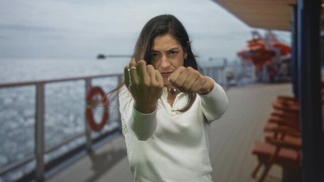 Woman with clenched fists thrust forward on street deck of a cruise ship, facing camera; defiance strength resolve.
