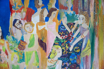 Genre painting selling and buying jewelry. People life historical illustration.