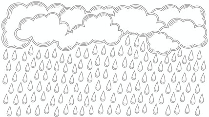 Illustration of clouds with raindrops falling down in a simple black and white line drawing style