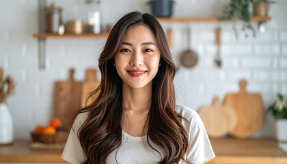 Smiling, attractive Asian woman with long wavy hair, standing in a bright kitchen