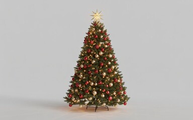 Realistic Christmas Tree with Shiny Ornaments, Golden Star, and Sparkling Lights Isolated on White Background