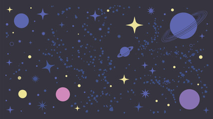 A cosmic scene featuring planets, stars, and constellations against a dark space background design art