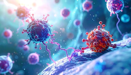 Microscopic view of pathogens or cells rendered in blue, red, and orange, with spiky projections on light blue field