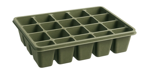 Durable plastic seedling tray, ideal for reuse on an apartment balcony.