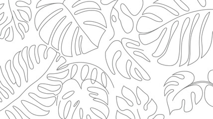 Outline drawing of monstera leaves creating a seamless pattern on a white background with tropical theme