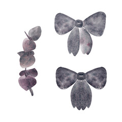 Eucalyptus branch and girl's bow. Gray-pink tones. Watercolor illustrations for your design