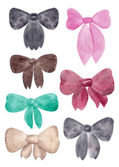 Multicolored bows: pink, red, brown, beige, green and gray. A set of festive accessories for your design. Individual watercolor elements