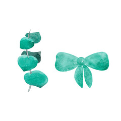 Eucalyptus branch and girl's bow. Green tones. Watercolor illustrations for your design 