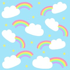 Cute seamless vector pattern with clouds and rainbows in pastel colors on a blue background