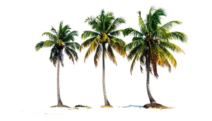 Obraz premium Three coconut palm trees, vibrant green fronds and brown trunks, stand isolated on a pure white background