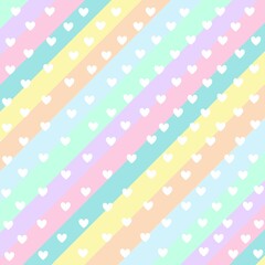 Cute seamless vector pattern with hearts in diagonal stripes and pastel colors 