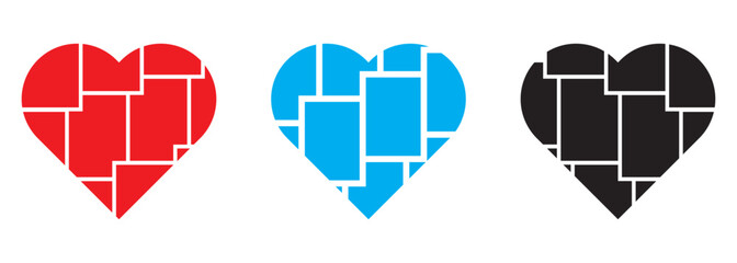 Collage of hearts. Colorful Hearts Overlapping Paper Craft. Separated lovely savings. Glitched distortion heart frame. Picture frame with heart shape. 