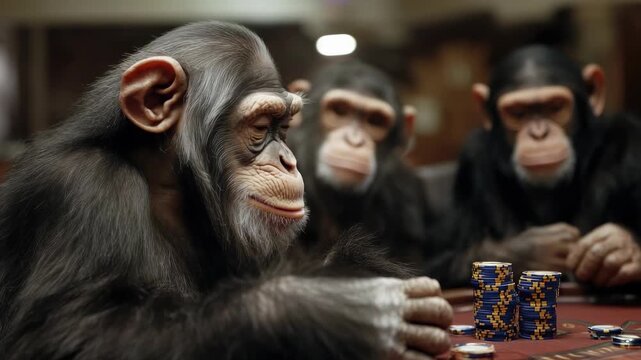 This amusing short duration showcases three chimpanzees seated around a table at a casino, deeply involved in a poker game, casually wagering chips