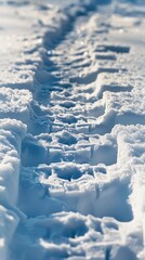 Obraz premium Snow-covered pathway with footsteps leading through a winter landscape under bright sunlight