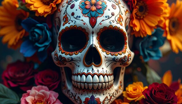 Ornate sugar skull surrounded by vivid flowers against a blurred background for Dia de los Muertos