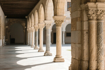 Fototapeta premium Showcasing ancient stone arches and columns in a historic building corridor, highlighting architectural elegance and historical detail.