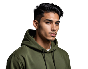 Panoramic View of Vibrant Wildflower Meadow, Colorful Spring Landscape, Isolated on T - Firefly_Three-Quarter View of Male Model in Olive Green Hoodie, Reflective Pose, Studio Mocku