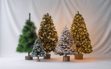 Set of Various Christmas Trees in Different Styles and Decoration Themes, Isolated on White Background