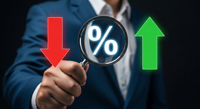 Magnifying glass shows percentage symbol between up and down arrows