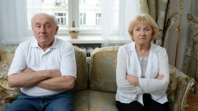 A serious senior man and woman sit apart on a sofa at home, arms crossed, representing male potency problems, intimate difficulties, and relationship dysfunction.