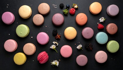 Colorful macaron cookies arranged on a dark background with berries