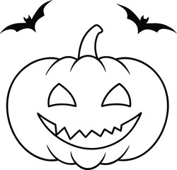 pumpkin with scary teeth and bats illustration on transparent background
