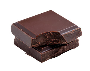 Broken dark chocolate bar pieces on transparent background