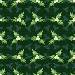 Seamless pattern with watercolor green leaves and white berries of mistletoe on dark green background. Perfect for Christmas, winter decor, textile, fabric, wrapping paper design, festive decoration