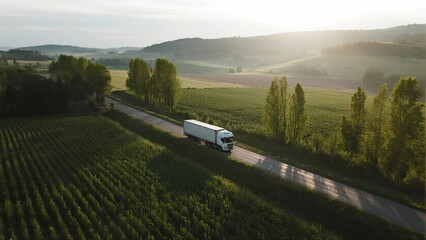 A white truck is traveling on a road through lush green fields under a sunny sky.