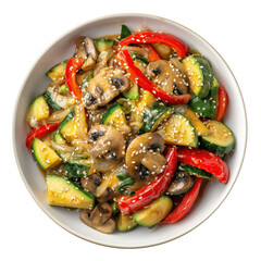 Stir-frying vegetables with mushrooms, zucchini, bell pepper, sesame seeds