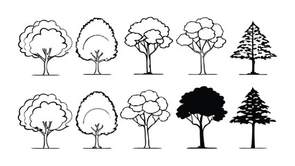 Naklejka premium Set of Tree Elevation Outline Symbols. CAD Style Minimal Line Drawing of Trees for Architecture and Landscape Design Elevation Plans