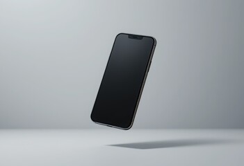 A sleek modern smartphone mockup floating in mid-air with a blank screen, soft shadows, and a neutral gradient background. Generative AI