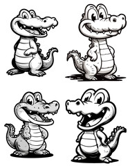 Cute cartoon alligator characters set, black and white vector illustration for children’s books, apparel, and playful branding designs. isolated on transparent background