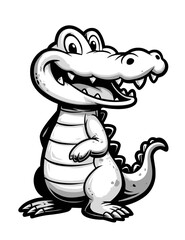 Cute cartoon alligator character, friendly reptile design in grayscale, ideal for children’s books, branding, and playful marketing materials. (vector illustration) isolated on transparent background
