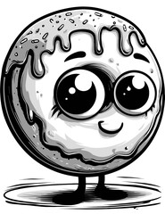 Cute donut character with big eyes, black and white line art, perfect for bakery branding, kids’ designs, and sweet treat promotions. (vector illustration) isolated on transparent background