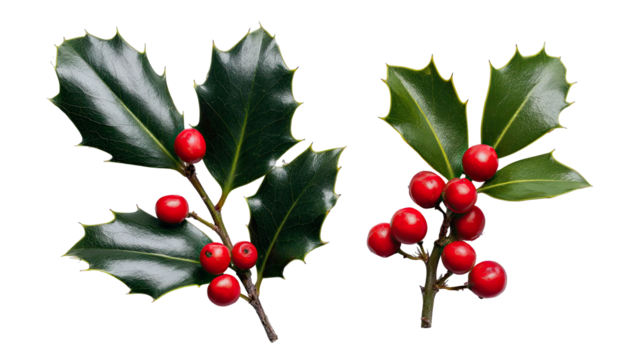 Two sprigs of holly with bright red berries against a black background