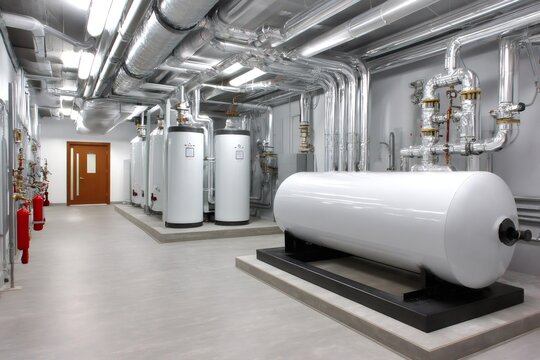 Modern boiler room with industrial heating machinery and piping