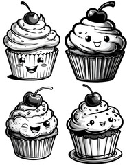 Kawaii cupcake set in black and white, cute cartoon dessert illustrations for bakery branding, packaging, and sweet treat promotions. isolated on transparent background