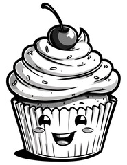 Cute cartoon cupcake with cherry on top, black and white sketch, perfect for bakery branding, kids’ menus, and sweet treat designs. isolated on transparent background