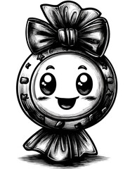 Cute vintage pocket watch character with bow, black and white engraving style, ideal for branding, prints, and whimsical graphic design. isolated on transparent background