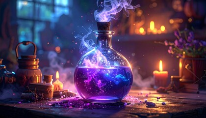 A glowing potion bottle emanates magical purple smoke