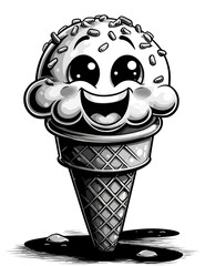 Cute cartoon ice cream cone with sprinkles, black and white vector illustration for summer treats, dessert shops, and playful branding. isolated on transparent background