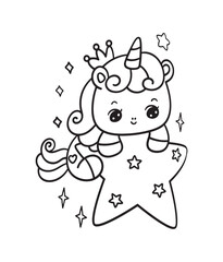 Cute unicorn fairy tale kawaii hand drawing coloring page