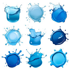 Collection of blue water splashes isolated on transparent background