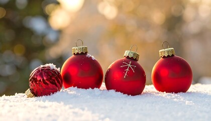 Four red ornaments sit atop sparkling white snow with a blurred, golden bokeh background, suggesting a festive scene