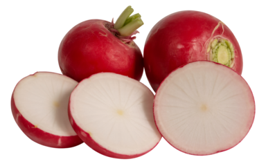 Fresh red radishes with white slices, Organic radish bulbs cut to show texture