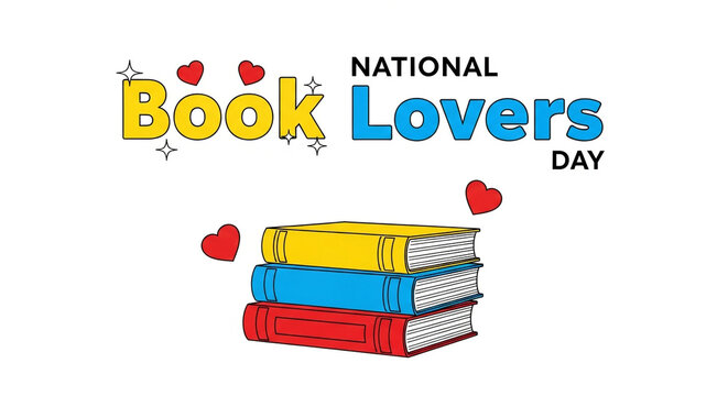 National book lovers day celebration with stacked books and hearts - Powered by Adobe