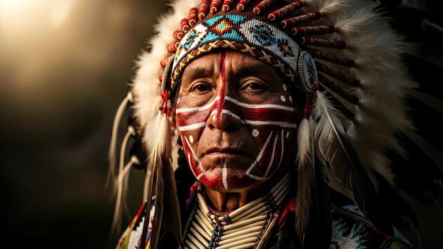 Native elder wearing feathered headdress and face paint showing traditional ancestral heritage and cultural legacy celebrating indigenous history and traditions with dignity