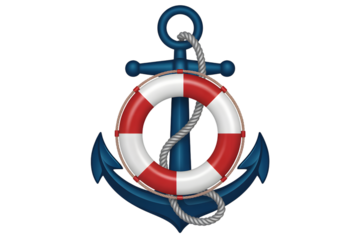Red and white lifebuoy with blue anchor isolated on black background, maritime rescue symbol