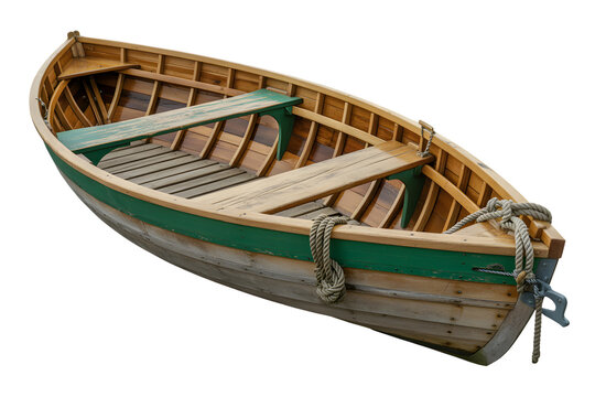 Wooden rowboat with green trim isolated on black background, small vintage fishing boat illustration